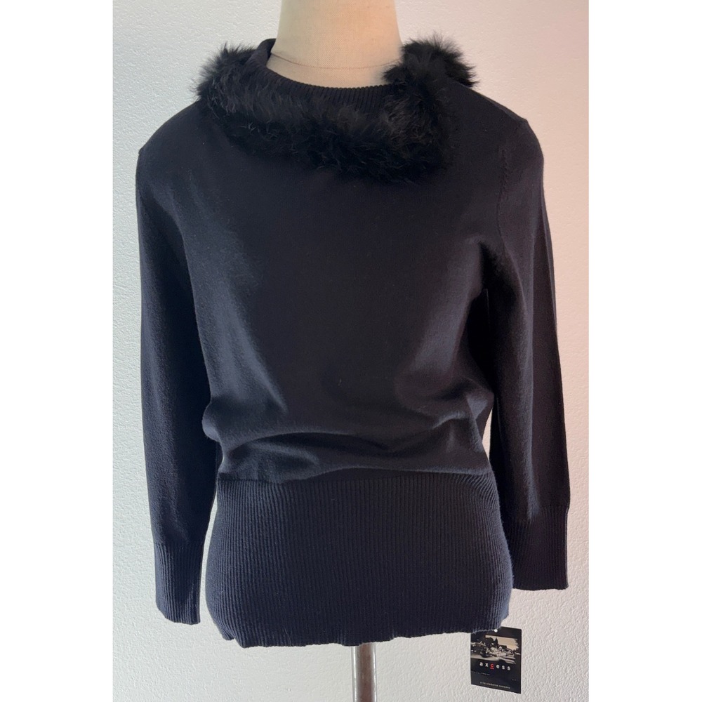 Vintage Y2K Axcess Rabbit Fur Trim Black Sweater Knit Pullover Party Glam NWT M